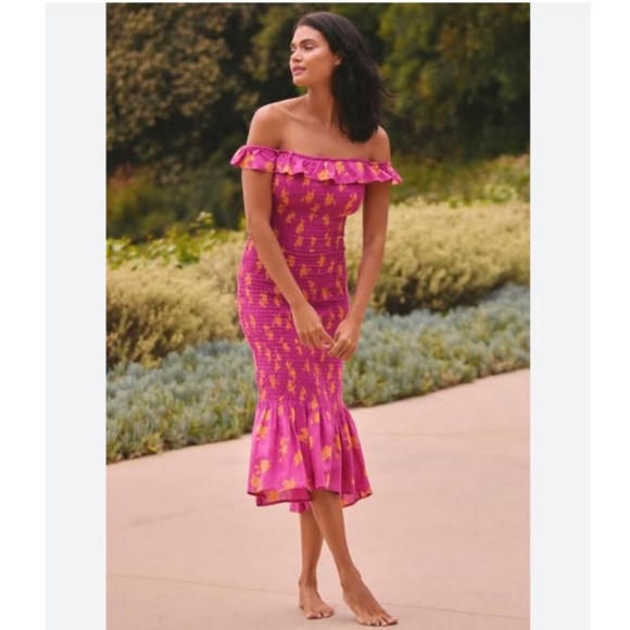 NWT By Anthropologie Smocked Off-The-Shoulder Midi Dress Extra Large Magenta - Picture 2 of 10